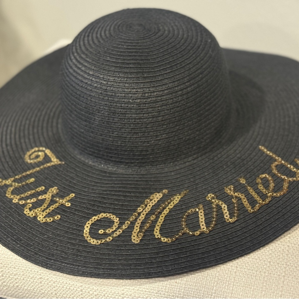 Black Wide Brim Hat with Gold Sequins 'Just Married'